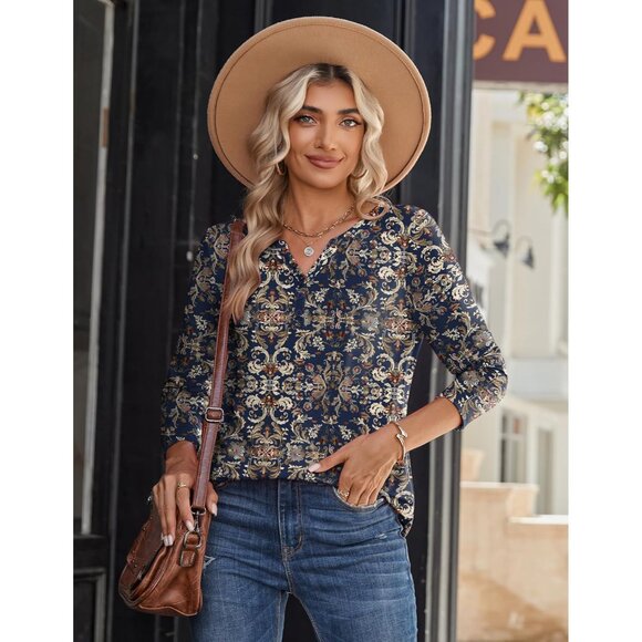 Long Sleeve Women’s Casual V Neck Top Floral Blouse Summer Work Dressy - Picture 2 of 6